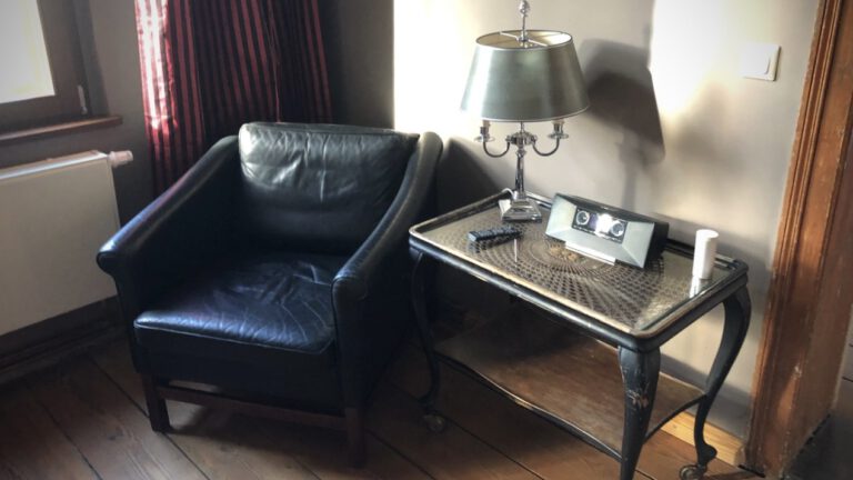 Gemuetliche Leseecke mit Lesersessel und Leselampe in der Ferienwohnung am Waldesrand