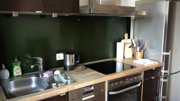 Die Küche mit Herd, Geschirrspühlmaschine und Arbeitfläche in der Ferienwohnung Alter Bahnhof Buschhof naturnah am Waldesrand